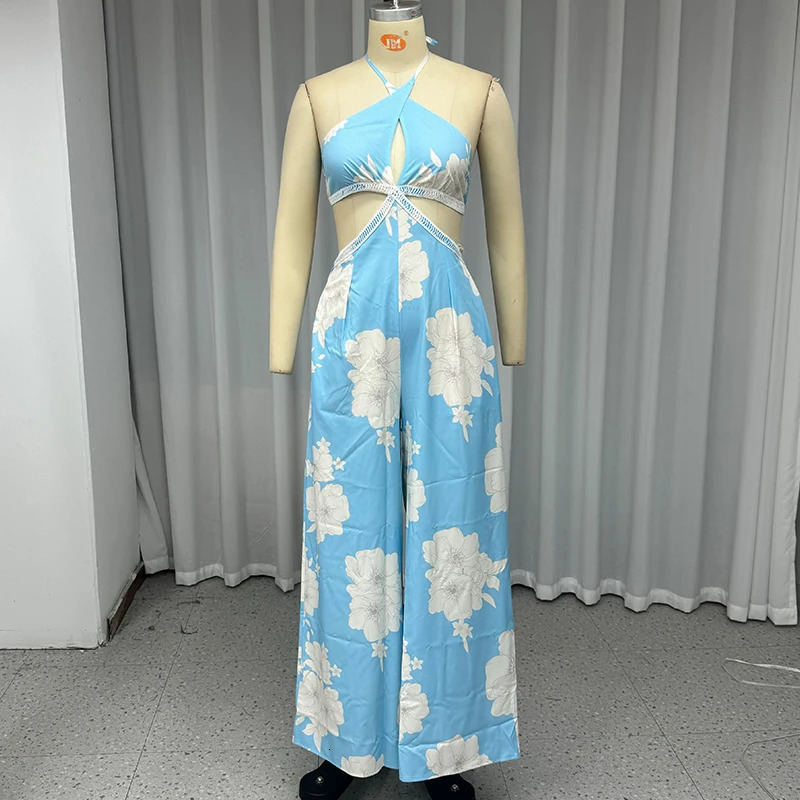 Wefads Womens Casual Printed Sleeveless Hollow Cross Strap Collar Lace Back Free Pants 250326