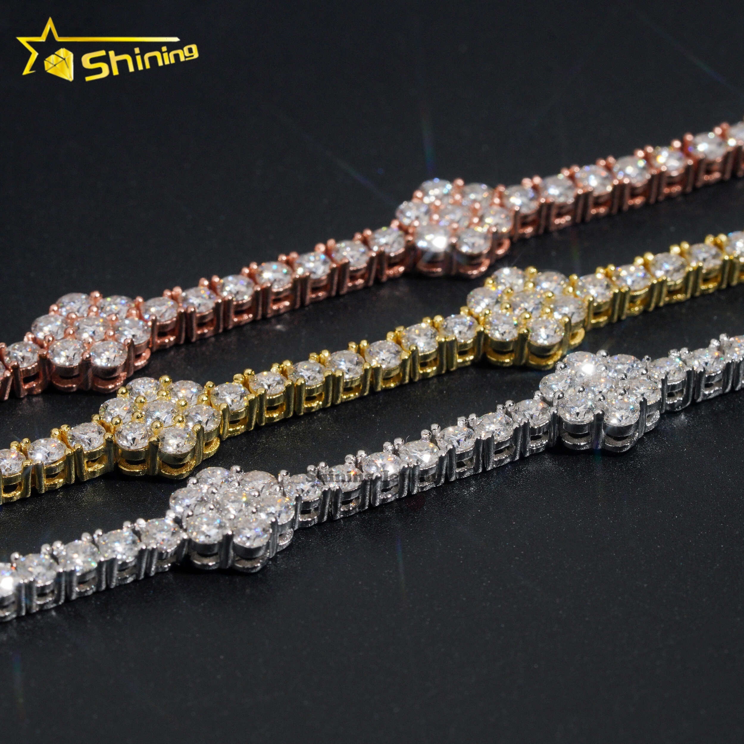 Wholesale Fine Jewelry 925 Silver VVS Moissanite Diamond Iced Out Flower Tennis Chain Necklace Moissanite Tennis Bracelet