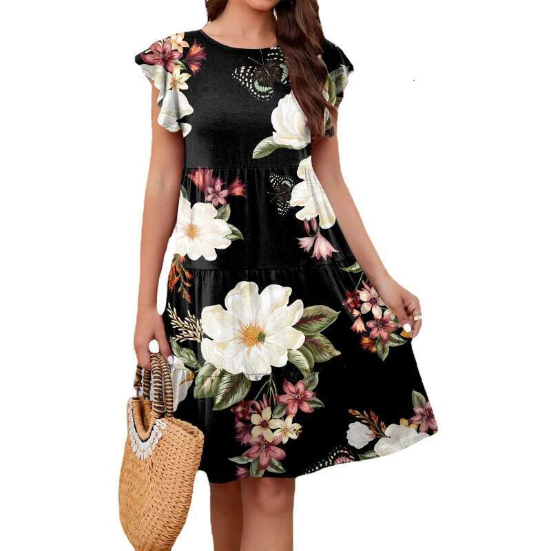 Dongdumaoyi Lente Zomer Hete Stijl Bedrukte Gelaagde Casual Jurk Met Fluttermouwen Voor Dames A