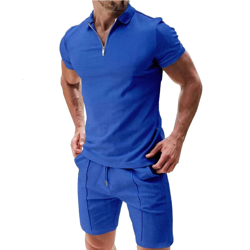 European and American mens short sleeved summer waffle solid color loose neck Tshirt casual sportswear 250327