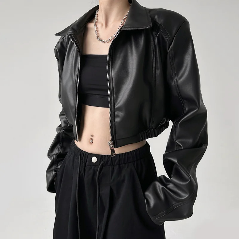 Jacket PU Leather Womens Black Collar Long Sleeve Crop Coat American Retro Street Clothing Zipper Fashion Casual Womens Clothing 250322
