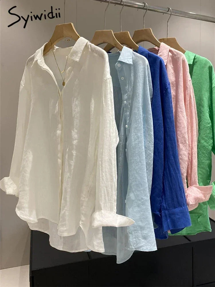Syiwidii Blue Womens Linen Shirt Long Sleeve Elegant White Oversize Blouse Vintage Spring Basic Top Collar Cotton Linen Shirts 250326
