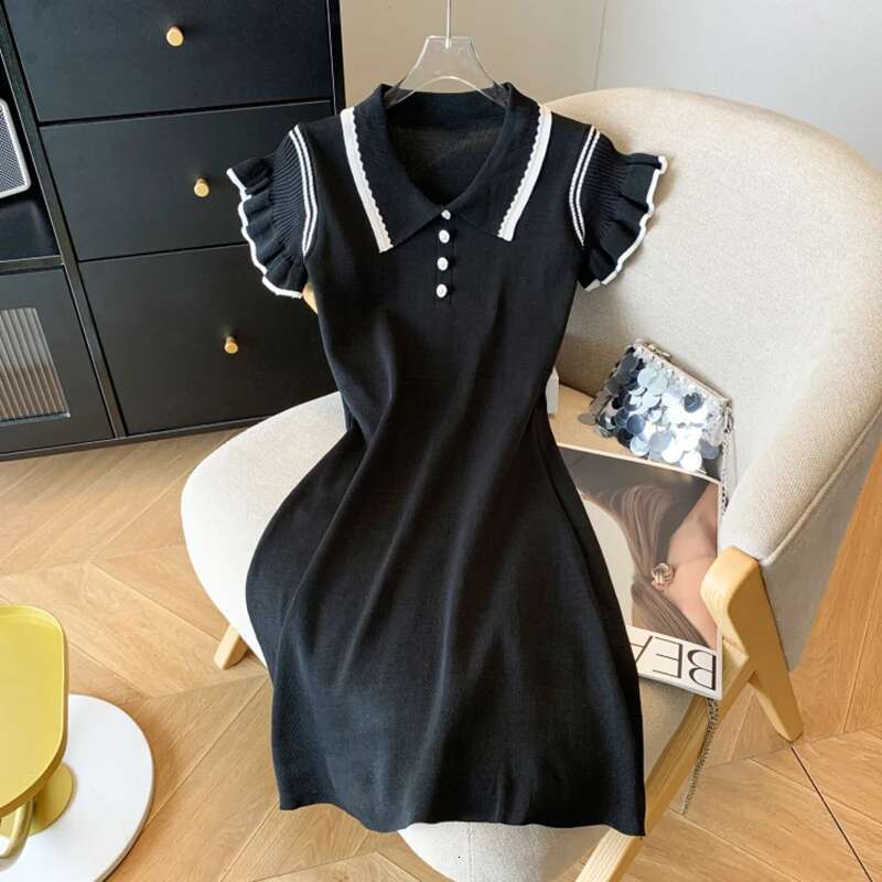 Preppy Short Women Style Buttons Sleeved Knit Contrast Color Stripes Turn-down Collar Summer Mid-Length Casual Dress