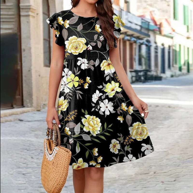 Dongdumaoyi Lente Zomer Hete Stijl Bedrukte Gelaagde Casual Jurk Met Fluttermouwen Voor Dames A