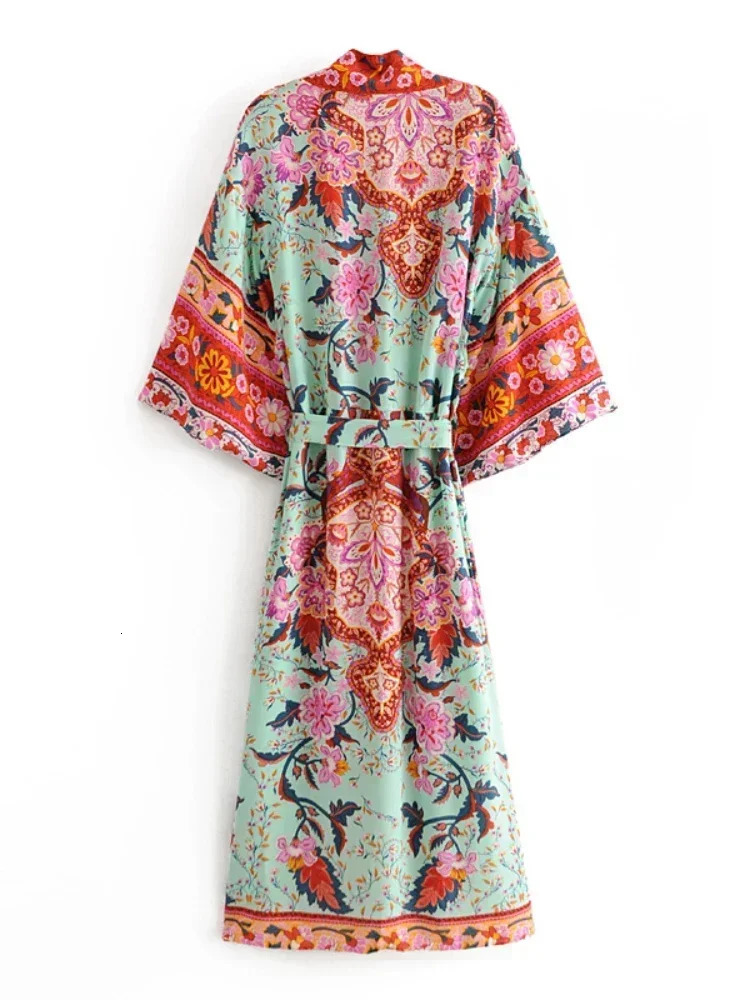 Bohemian Womens Peacock Printed Bat Sleeves Beach Kimono Robe Vneck Tassel Summer Happy Bikini Top 250326