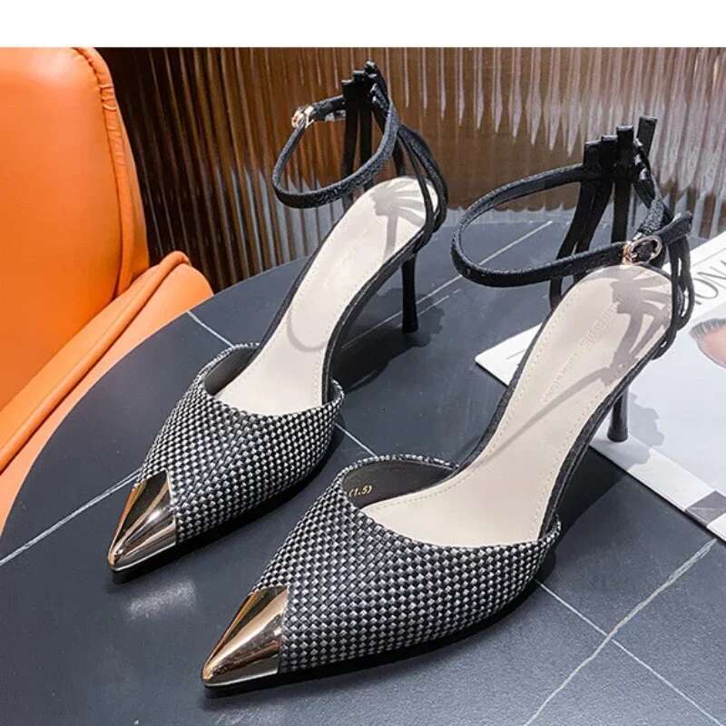 Sandals Metal Pointed Toe Black Thin High Heels for Ladies Trend Slope Heel Shoes Office Outdoor and Indoor Pumps