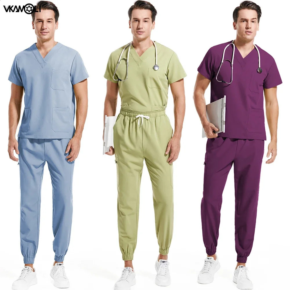 Multi colored stretch fabric clinical laboratory uniform tops and runners XS XXL mens workwear detergent set 250326