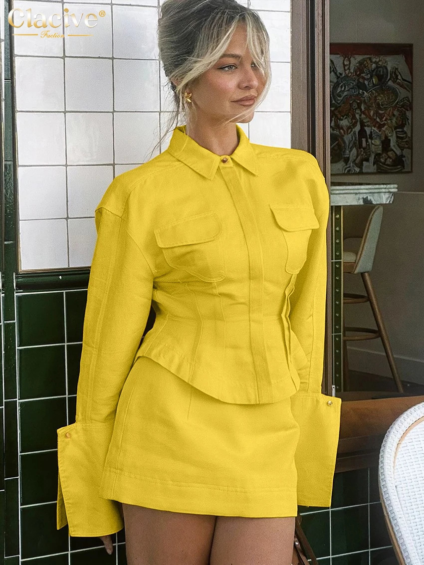Clacive Fashion Ultra Thin Yellow Cotton 2piece Womens Elegant Long Sleeve Shirt High Waist Mini Skirt Set 250326