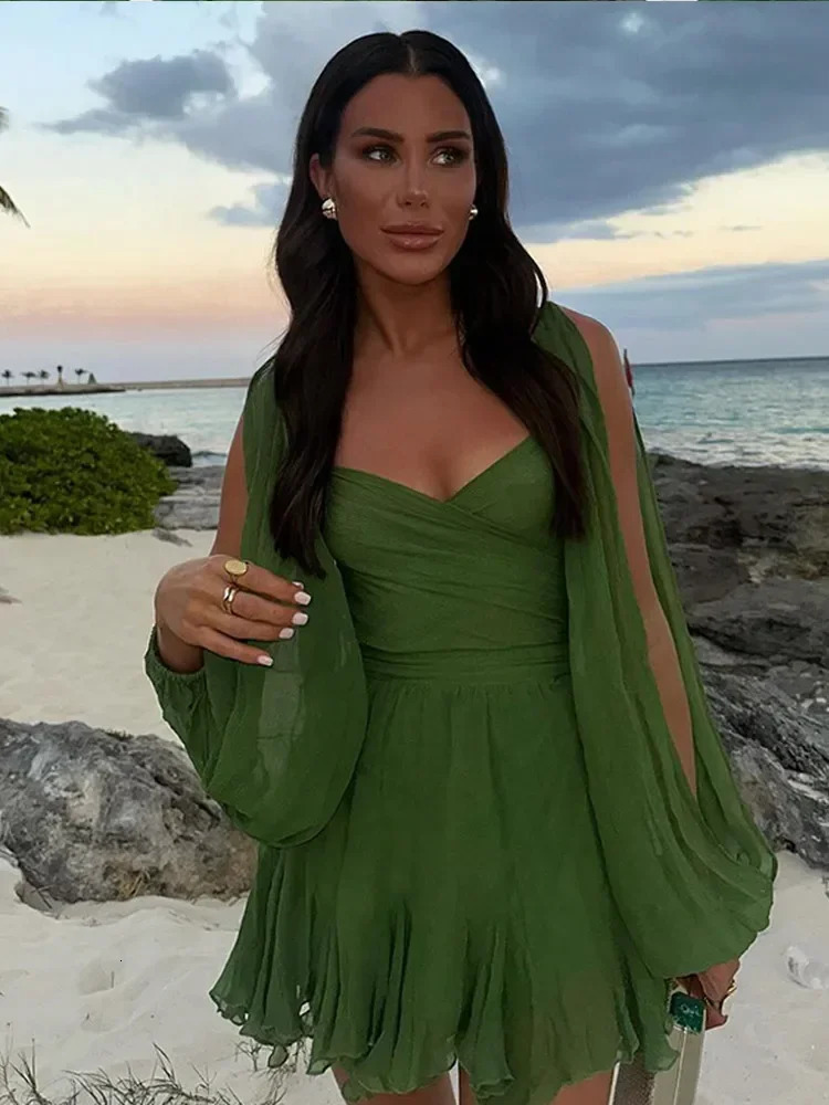 Womens sexy chiffon green pleated split dress Vneck long sleeved Aline mini 2025 womens holiday beach vacation vest 250324