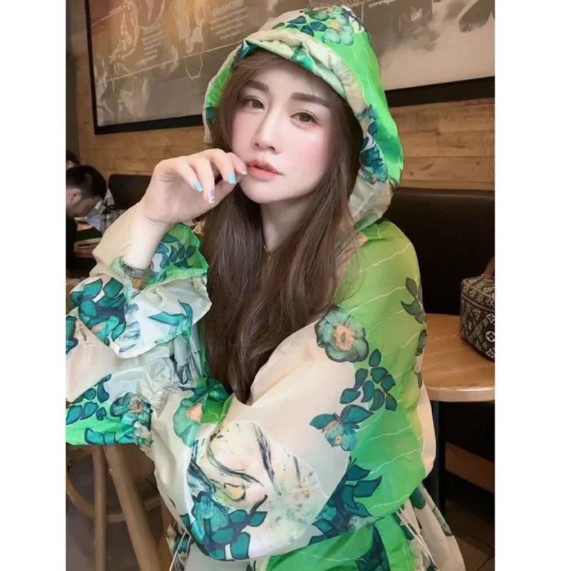 Summer casual hooded sun protective clothing for women Korean loose fit floral ice silk cardigan fashionable top thin 250326