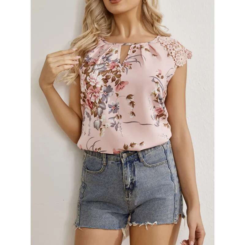 Dongdumaoyi Dames Zomer Nieuwe Kanten Mouw Patchwork Print Shirt Cap Top A