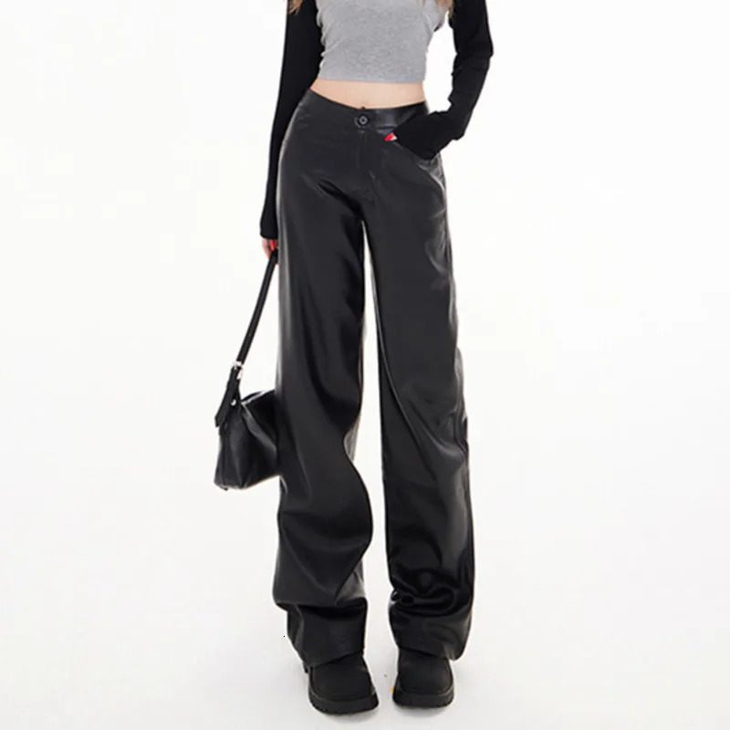 Black artificial Lether Pants loose straight length Pu leather pants high waisted Trouser streetwear for runners 250321