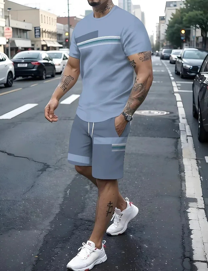 Summer mens sportswear fitness fashion running set casual Tshirtshorts breathable jogging 2piece striped 250326