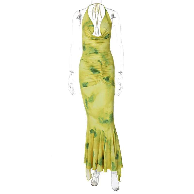 Dongdumaoyi Lente Nieuwe Elegante Lichte Volwassen Stijl Houder Diepe V Print Lange Ruches Jurk C