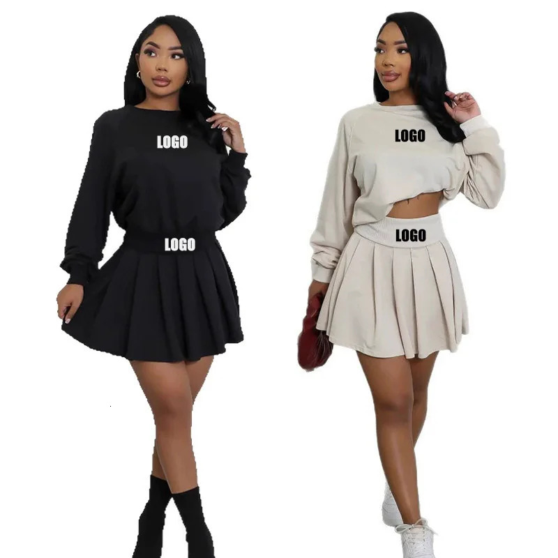 Customized European and American womens clothing twopiece casual long sleeved skydiving top pleated mini skirt 250326