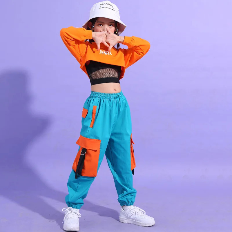 Summer Girls Hip Hop Clothes Set Kids Crop Top Cargo Pants Street Dance Children Jazz Outfits Teen Streetwear Costumes 4-14Yrs 250326