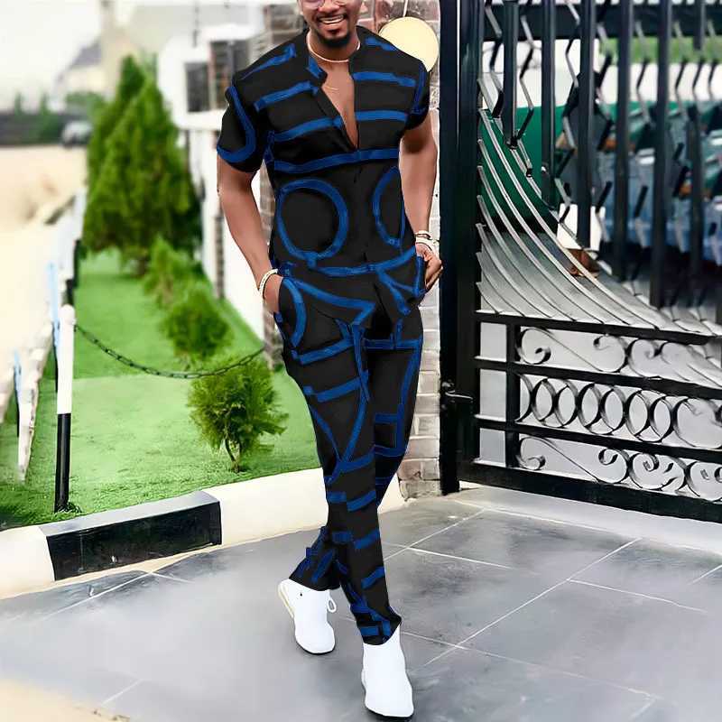 Summer mens fashion trend printed casual shirt V-neck short sleeved mens comfortable slim fit high-quality two-piece setXJ250326