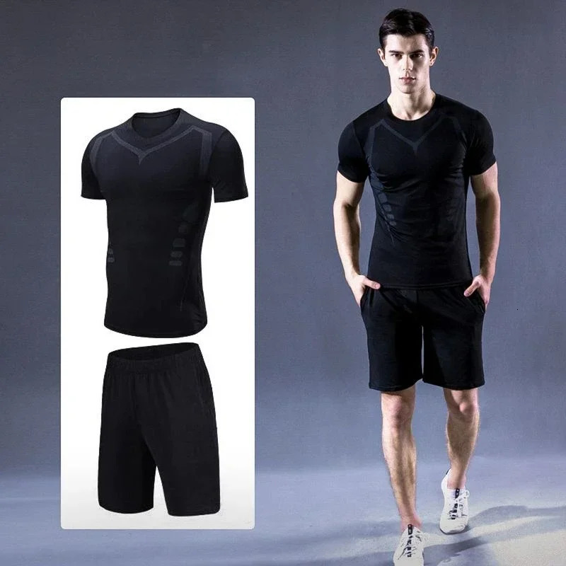 2piece sports tight fitting fitness mens fast drying high elasticity breathable set basketball training base short sleeved 250327