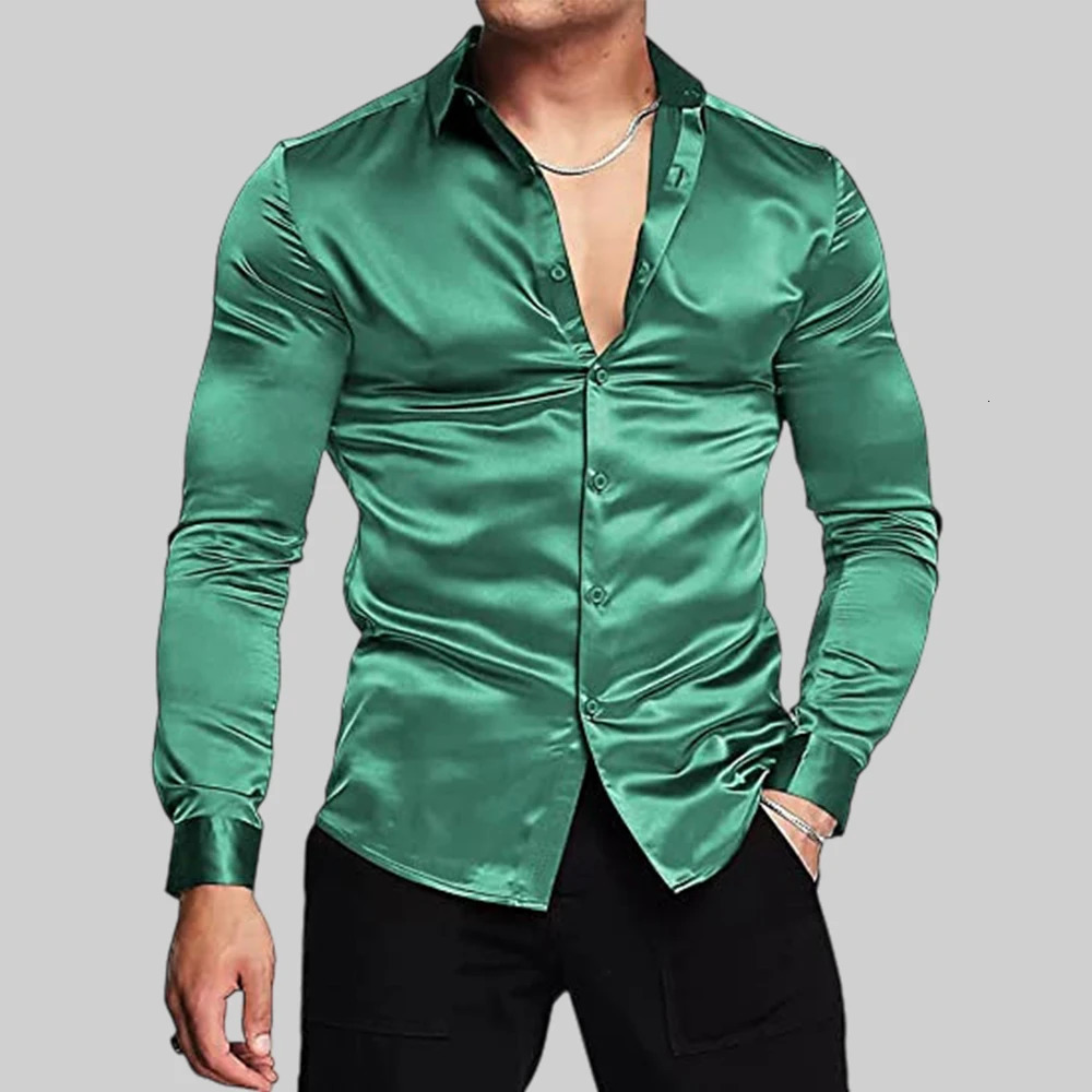 Mens Shiny Lapel Silk Satin Dress Shirts Long Sleeve Fashion Disco Prom Blouse Slim Fit Muscle Button Tuxedo Shirt 250326