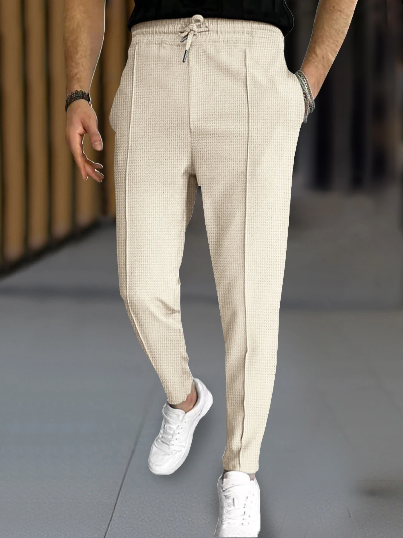 Mens Stylish Waffle Pants - Casual Sports Slim Fit with Adjustable Drawstring Secure Pockets for All Seasons - Perfect Outdoor 250317