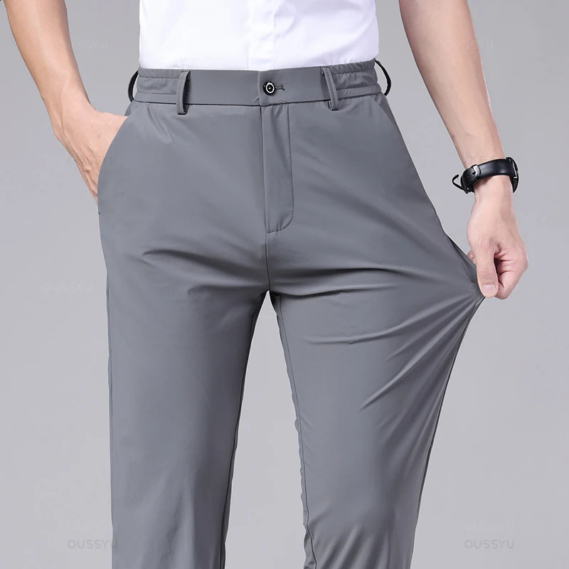 Spring Summer Mens Casual Pants Business Stretch Slim Fit Elastic Waist Jogger Korean Classic Thin Black Gray Trousers Male 250317