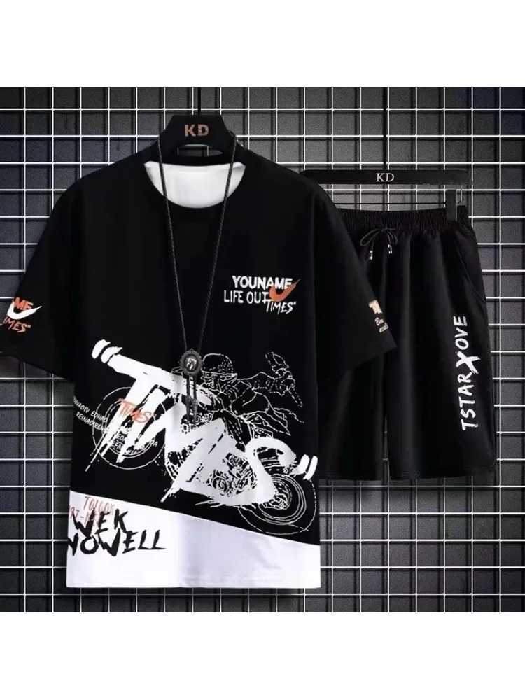 Mens set 2024 summer fashion quick drying T-shirt casual ice silk shorts set mens sports two-piece set basketball setXJ250326