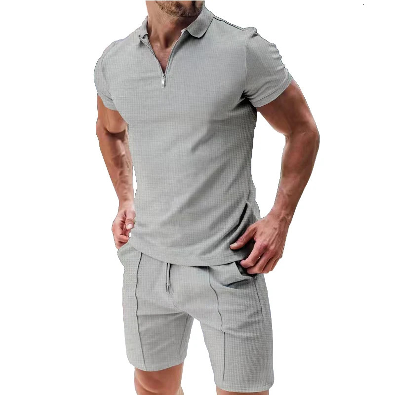European and American mens short sleeved summer waffle solid color loose neck Tshirt casual sportswear 250327