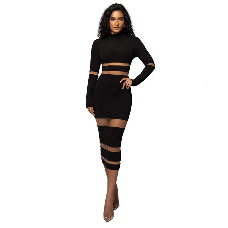 Designer Dress 2025 Spring/summer Women's Long Skirt New Sexy Mesh Splicing Collar High Waist Slimming Long Skirt Trendy Long Sleeve Top Ladies&#