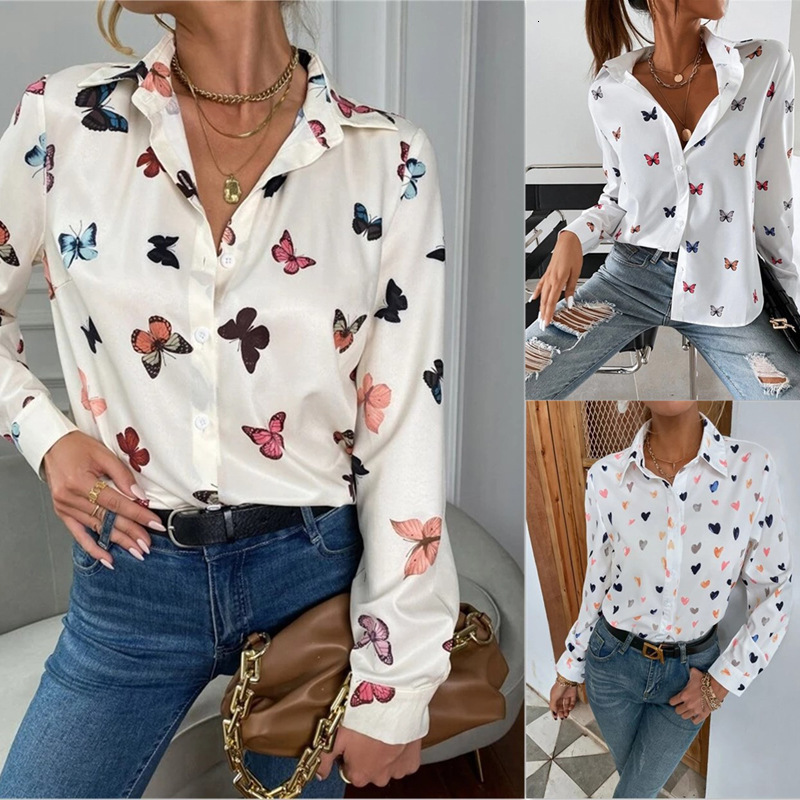 Women's fashionable printed long sleeved with butterfly print collar shirt for women