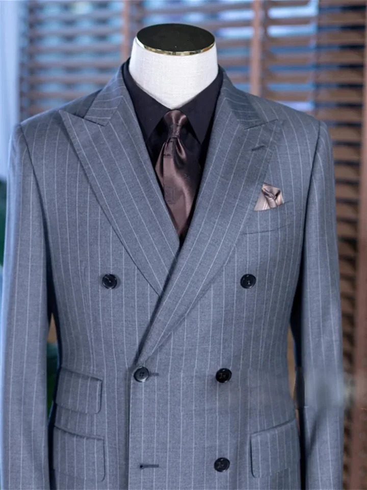2 pieces of grey striped mens classic double chest business jacket pants customized formal party dress 250326