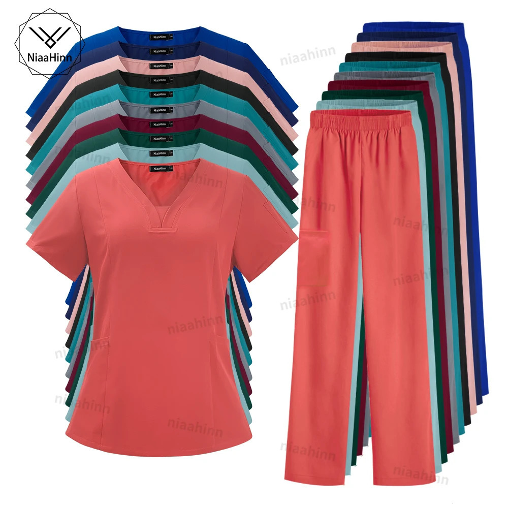 Dental scrub Tshirt fashionable and simple nurse uniform Vneck short sleeved top jogging pants clinic jacket nursing accessories for women 250326