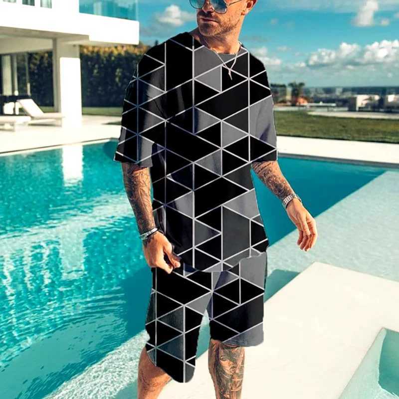 Summer mens track and field clothes 2-piece O-neck 3D short sleeved shirt set mens running clothes oversized T-shirtXJ250326
