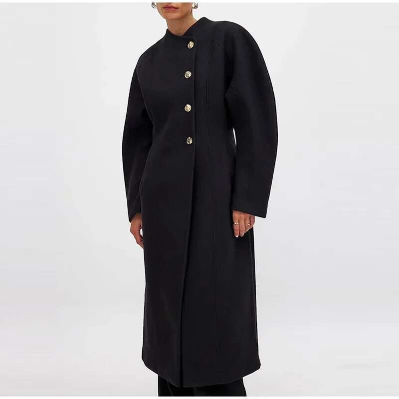 Women's Coat Elegant Women Woolen Long Coats O-Neck Full Sleeve Single Breasted Outwear Female Autumn Winter New Lady Streetwear