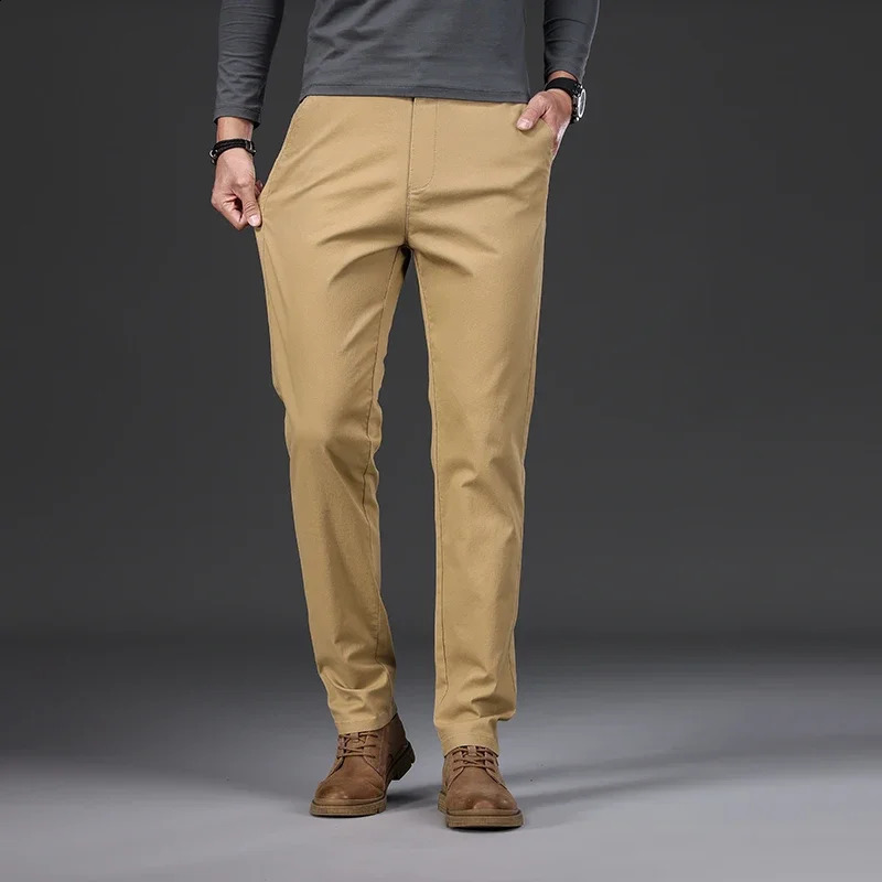 97% Cotton Mens Casual Pants Autumn Fashion Comfortable Elastic Slim Straight Business Trousers Black ArmyGreen Khaki 250317