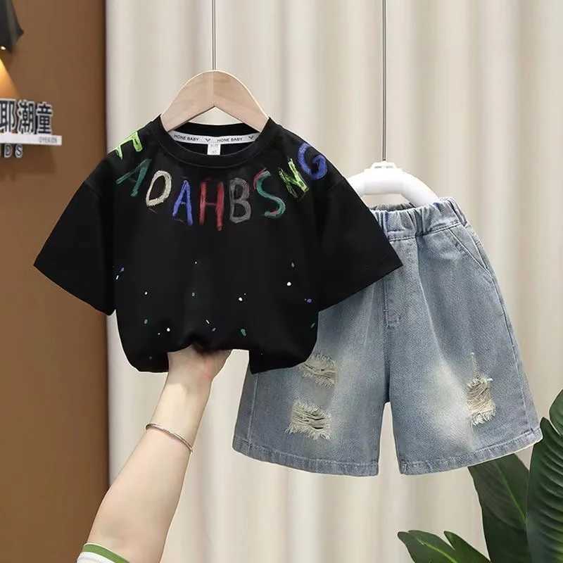Personalized color letter short sleeved T-shirt+jeans short sleeved 2-piece summer set brand new 2024 boutique baby and boy sportswearT250327