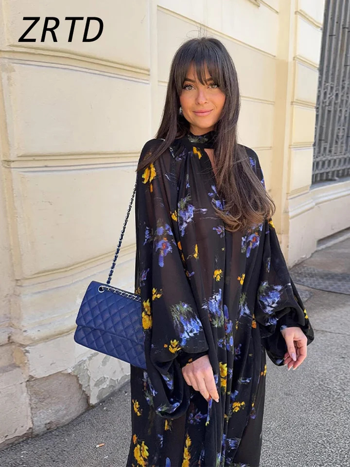 Elegant Printed Boho Long Dresses Women Loose Chic Turtleneck Lantern Sleeve Floral Robes Spring Summer Lady Vacation Dress 250326