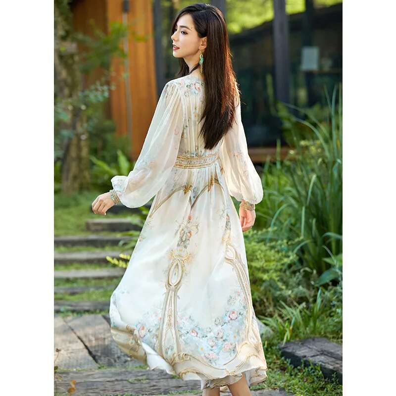 Dongdumaoyi Luxe High End Moerbeizijde Op Maat Bedrukte Lange Mouw Slanke Fitv Kraag Jurk Lente C