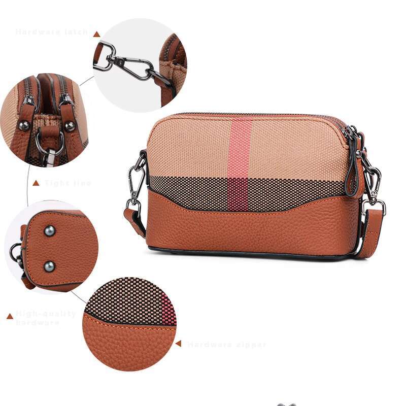 New Single Shoulder Crossbody Women's Fashionable Canvas With Cowhide Plaid Bag