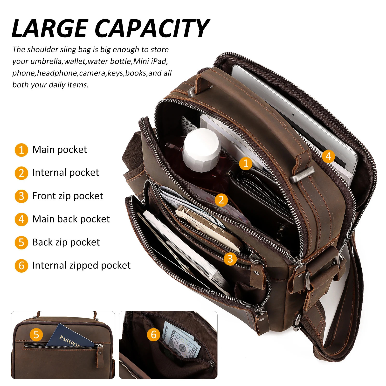 Crazy Horse Leather Mens Shoulder Bag Retro Cross Body Leisure Office Messenger Business Travel Handbag 250326