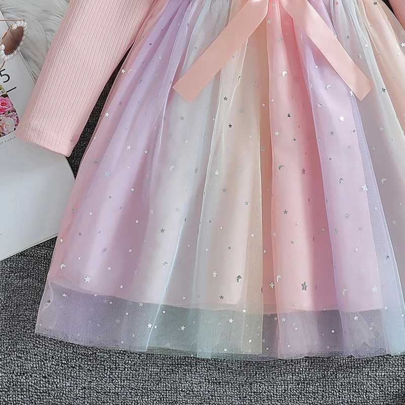 Girl Dress Blue Autumn Princess Dress Childrens Clothing Birthday Par Dress Pink Sleeping Childrens Fashion Rainbow 1-6Y W250326