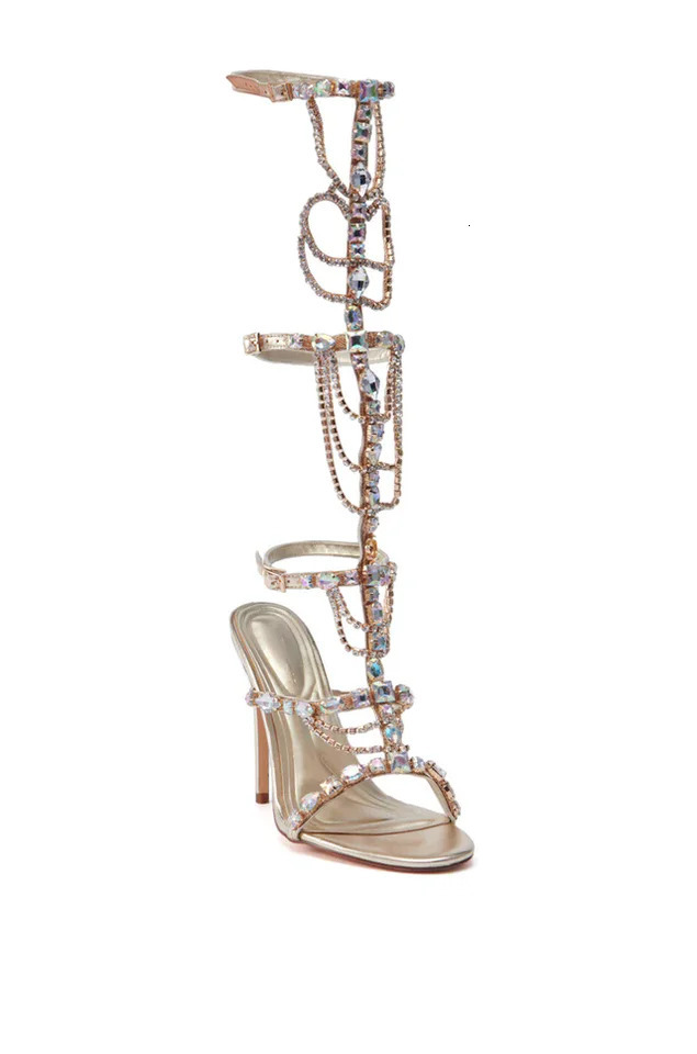2025 Crystal Chain Corner Toe Sandals Rear Zipper Womens Shoes Thin High Heels Fiction Party Summer Zapatos Para Mujere 44 250317