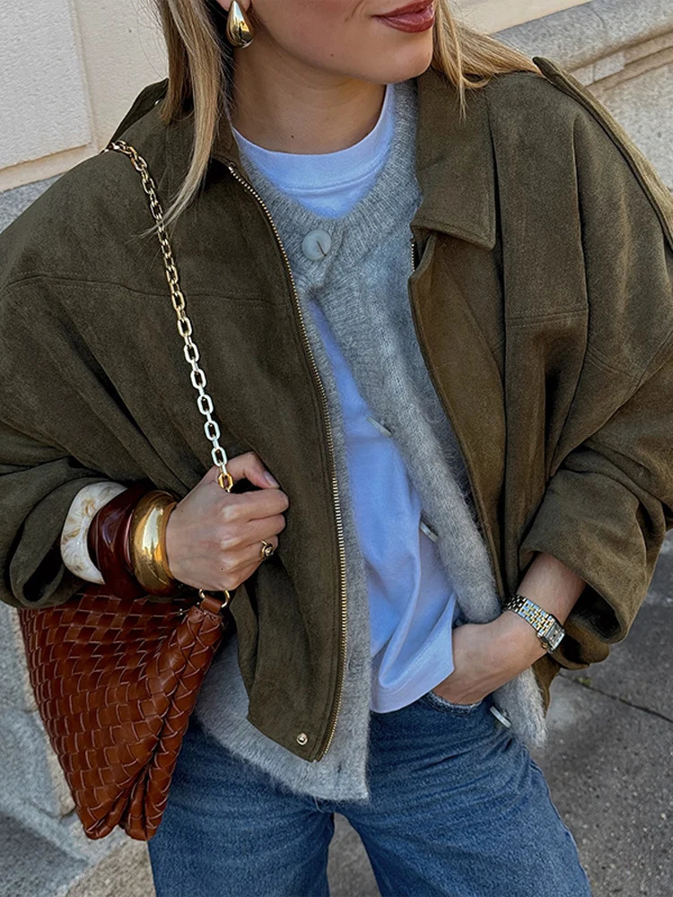 Fashion Short Suede Womens Jacket Loose Solid Collar Zipper Long Sleeve Street Spring Green 250326
