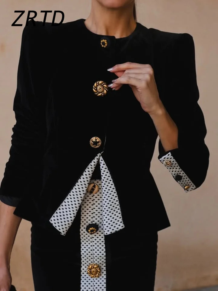 Elegant Velvet Jacket Ski Set Womens Oneck Full Sleeve Shoulder Pads High Waist Button Office 250326