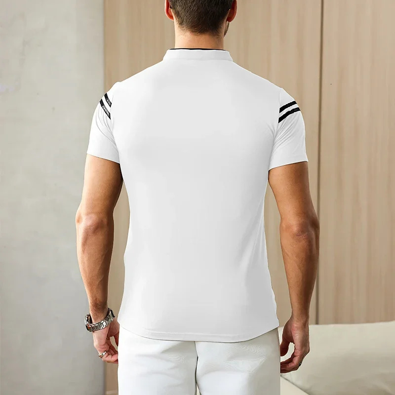 mens casual fashion solid color short sleeved polo shirt stand up collar version comfortable top 250327