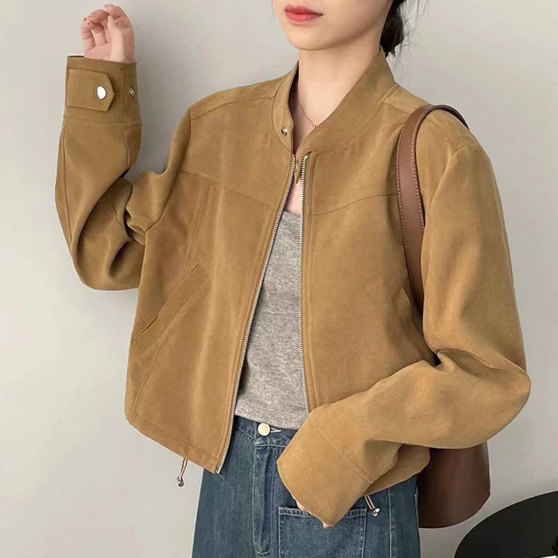 American retro short sleeved jacket Y2K autumn stand up collar long sleeved zipper jacket Harajuku streetwear fully matched motorcycle clothing 250322
