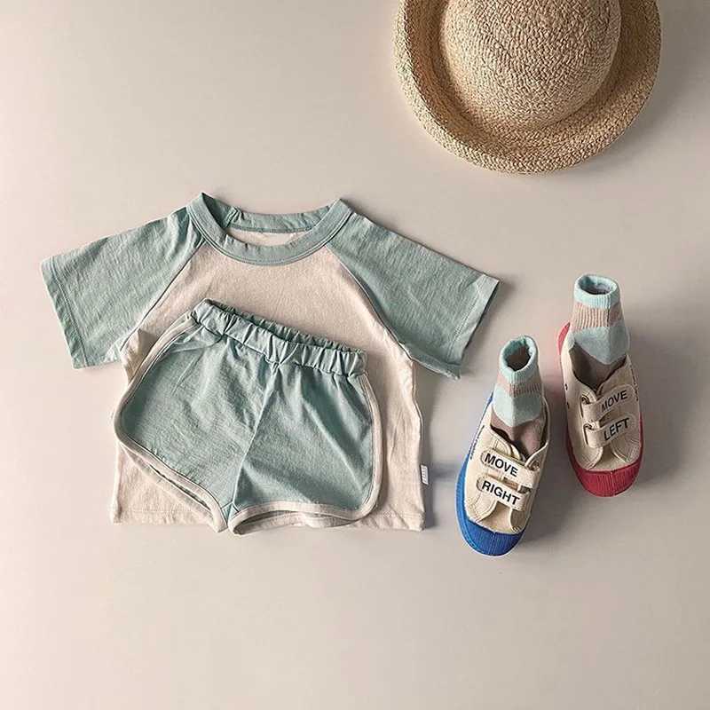 Childrens clothing girl set 2024 summer short sleeved patch work T-shirt+shorts set casual clothing baby mens clothing setT250327