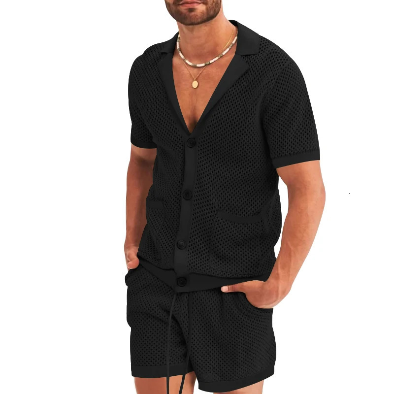 2024 summer mens Vneck short sleeved cardigan and shorts fashionable hollow breathable twopiece suit 250326