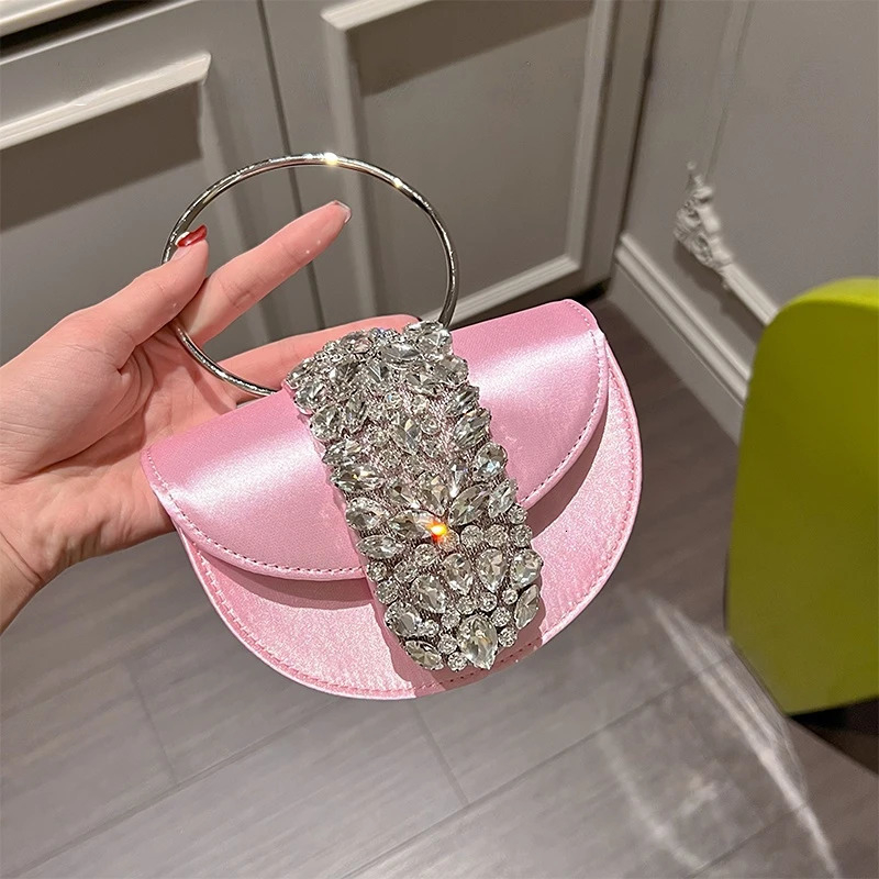 Womens Sparkling Crystal Satin Handbag ner y Diamond Pink Evening Ring Clutch Wallet Wedding Party Fashion 250326