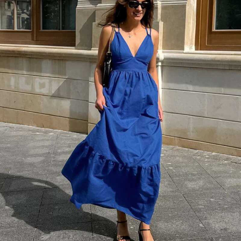 Dongdumaoyi Lente Zomer Nieuwe V Hals Backless Spaghetti Casual A Lijn Damesmode Jurk