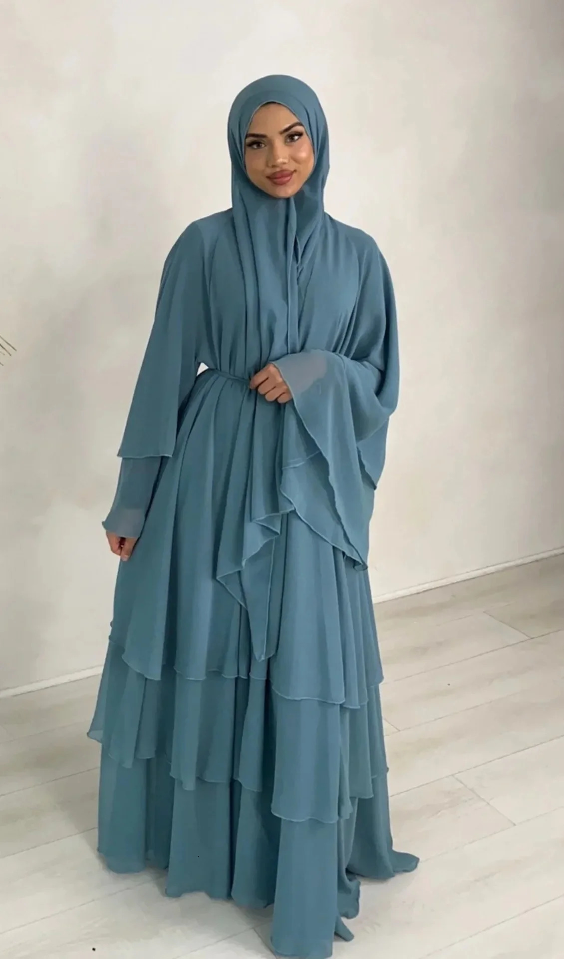 Muslim open kimono 3layer Abayas womens chiffon dress Ka cardigan wool Arab gown Islamic clothing Caftan Marocain 250326